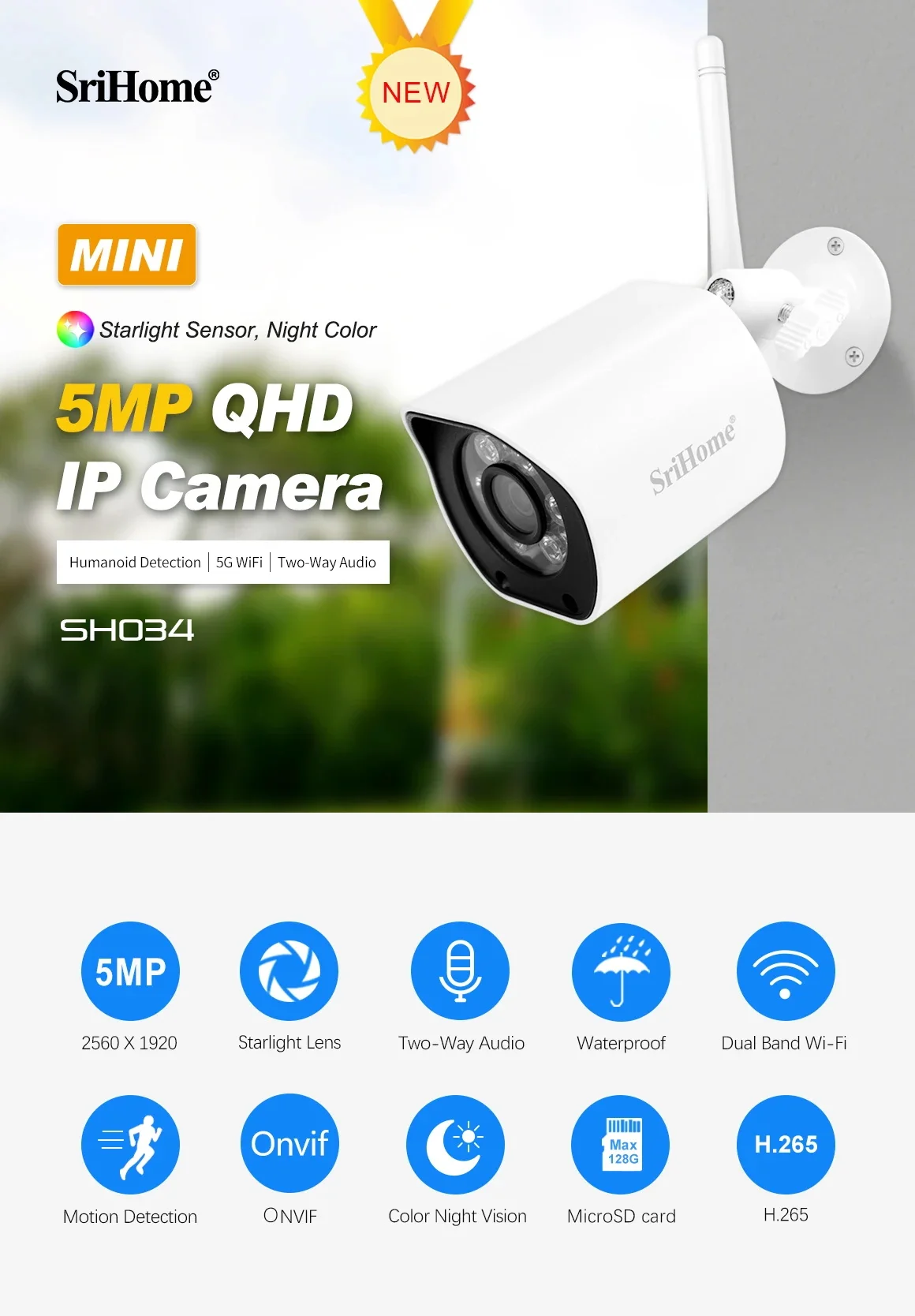 Srihome SH034 Wireless PTZ Camera HD 1080P Color Night Vision Wifi IP Camera Outdoor 5MP Ai Auto Tracking CCTV Surveillance Cam