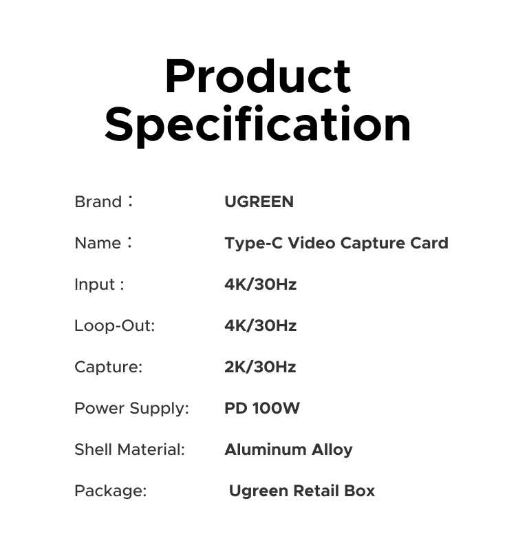 UGREEN Type C USB-C HDMI Video Capture Card with HDMI Zero-Latency Pass-Through, 100W PD Charging, 4K@30Hz Recording, Streaming