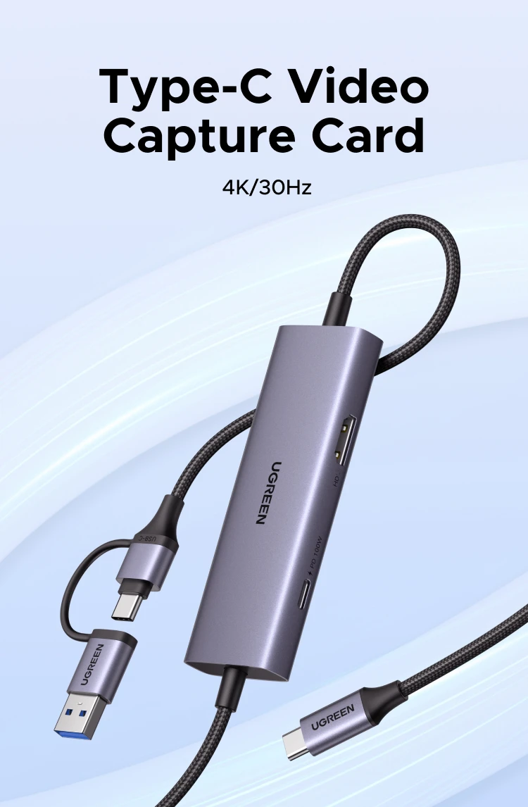 UGREEN Type C USB-C HDMI Video Capture Card with HDMI Zero-Latency Pass-Through, 100W PD Charging, 4K@30Hz Recording, Streaming