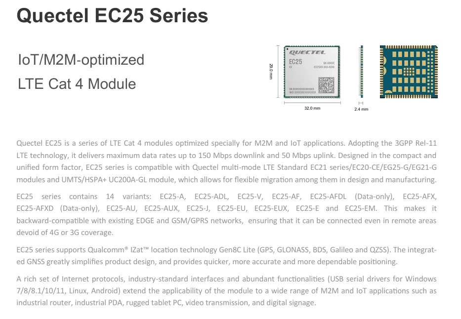 Quectel EC25 Series EC25-E/EC25-EU/EC25-A/EC25-AF/EC25-AFXD/EC25-AUX/EC25-EC/EG25-G/EC25-AFX/EC25-EUX LTE Mini PCIE with kits