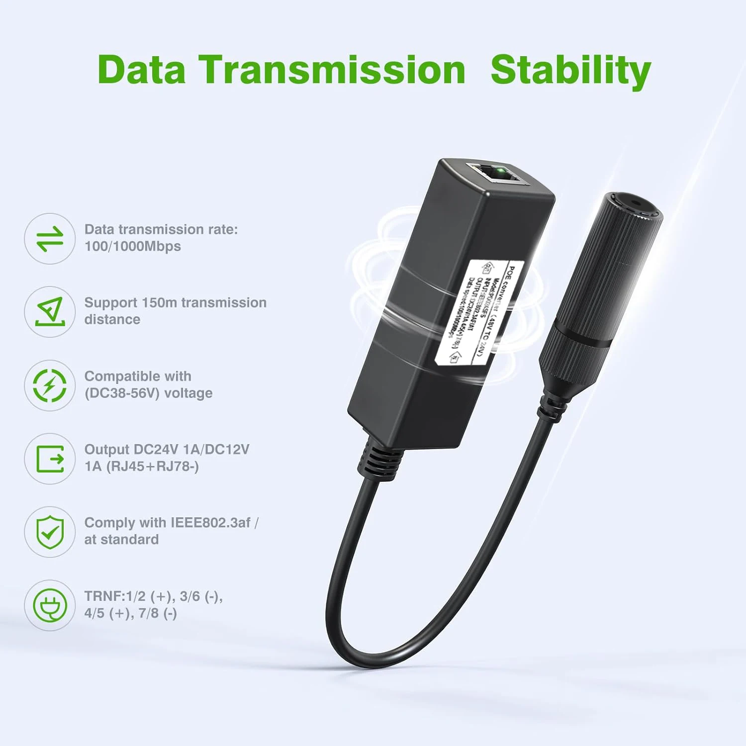 Gigabit PoE 48V to 24V PoE Converter, RJ45 Port Output 24V/1A, IEEE802.3af/at for Passive 24V Devices