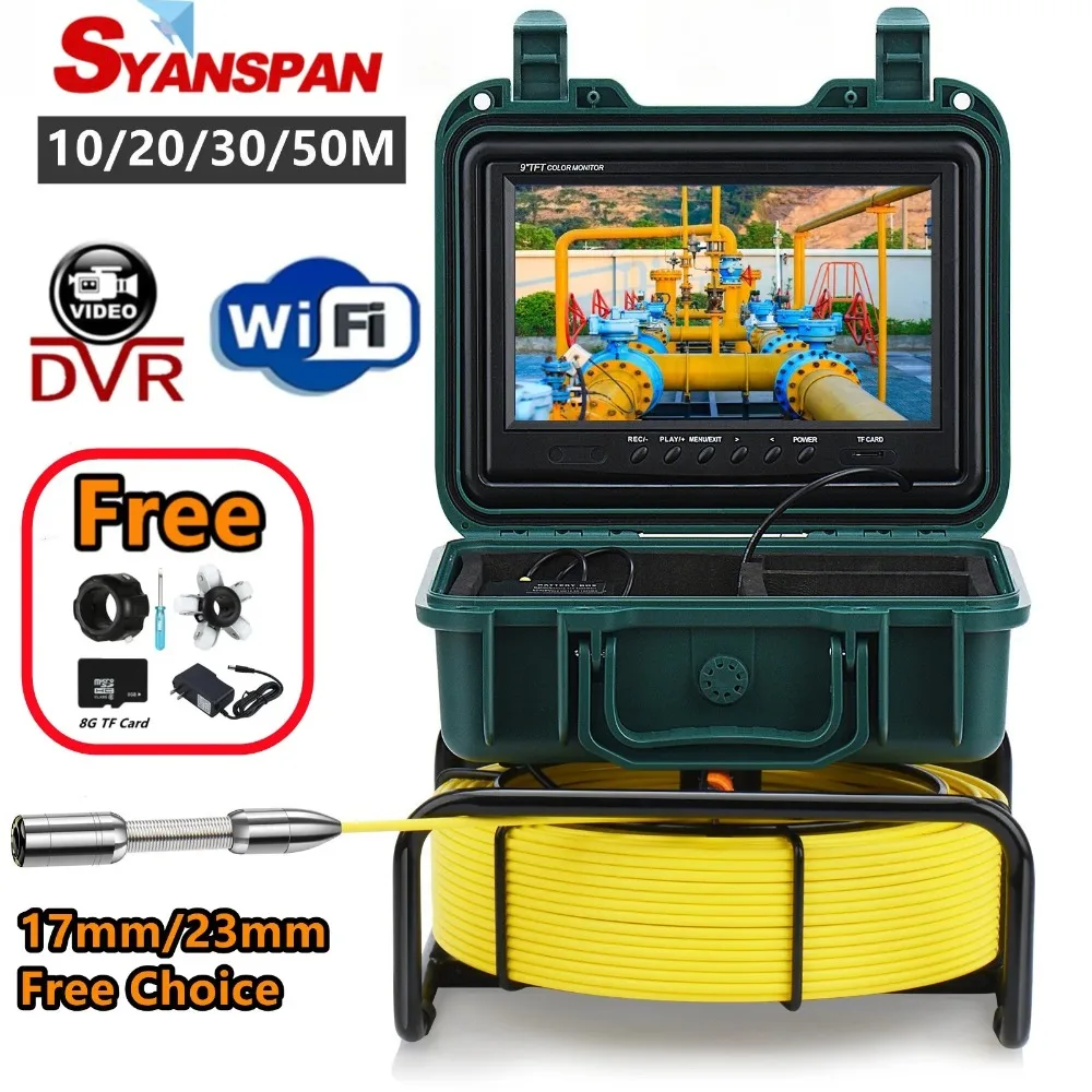 9" HD 1080P DVR/WiFi 16GB Card IP68 20/30/50M SYANSPAN Pipe Inspection Camera 23mm Drain Sewer Pipeline Industrial Endoscope