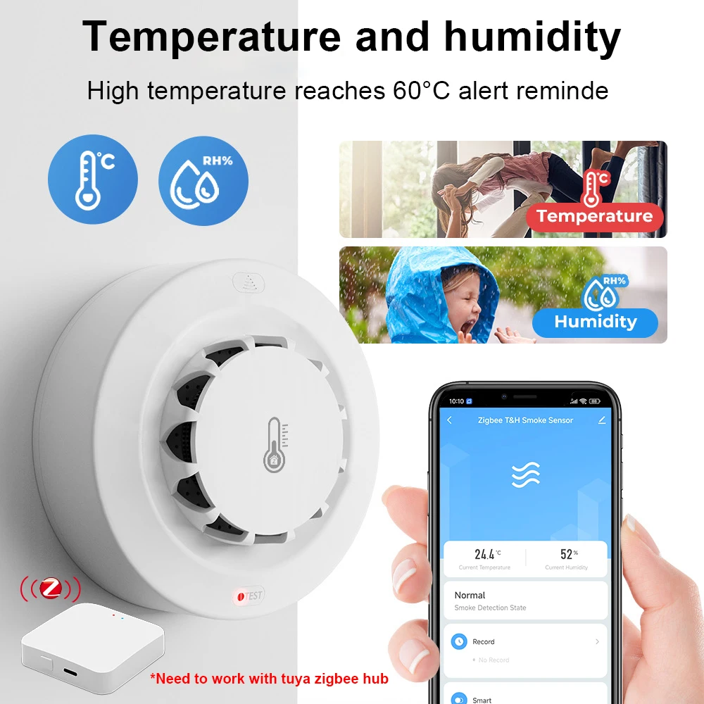 Tuya WiFi or Zigbee Smoke Detector with Temperature Humidity Detect 3 In 1 Support 80dB Sound Alarm Remote Push Alert Function