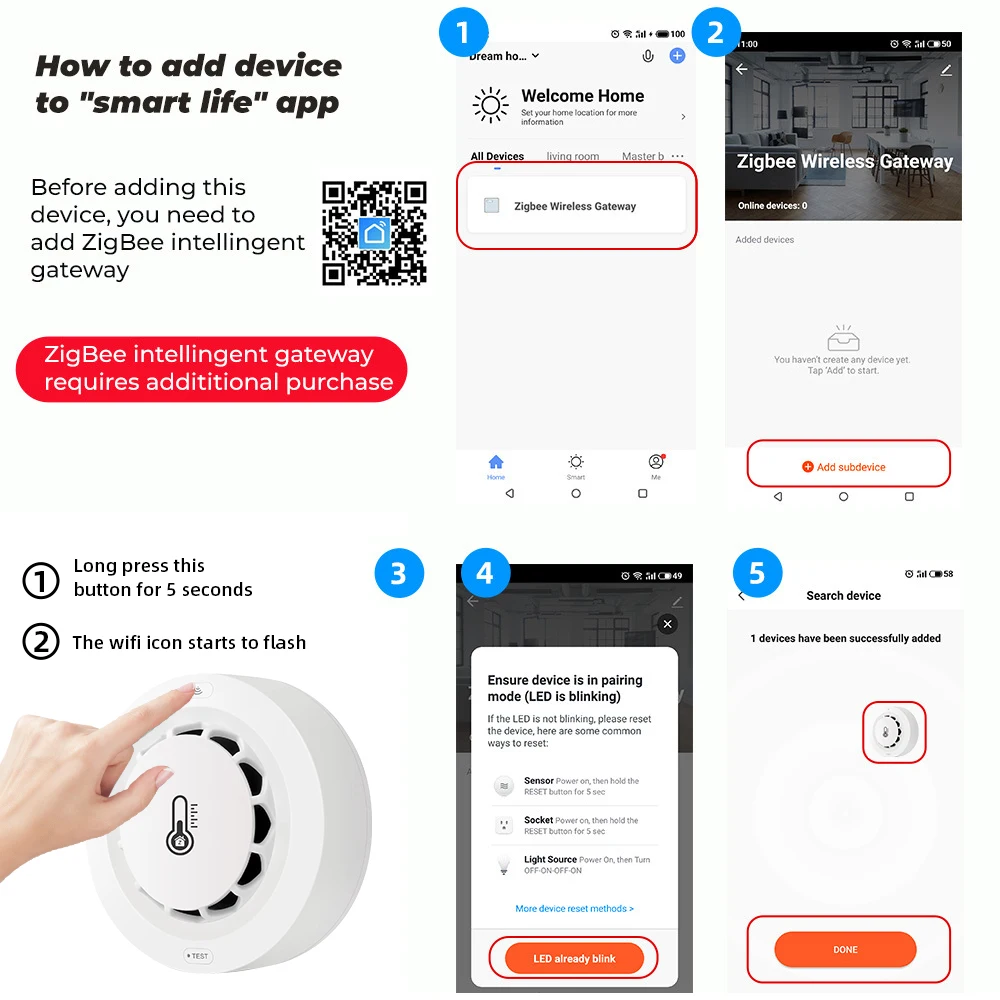 Tuya WiFi or Zigbee Smoke Detector with Temperature Humidity Detect 3 In 1 Support 80dB Sound Alarm Remote Push Alert Function