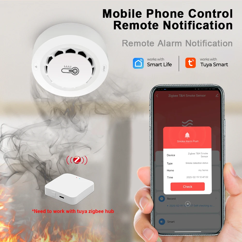 Tuya WiFi or Zigbee Smoke Detector with Temperature Humidity Detect 3 In 1 Support 80dB Sound Alarm Remote Push Alert Function