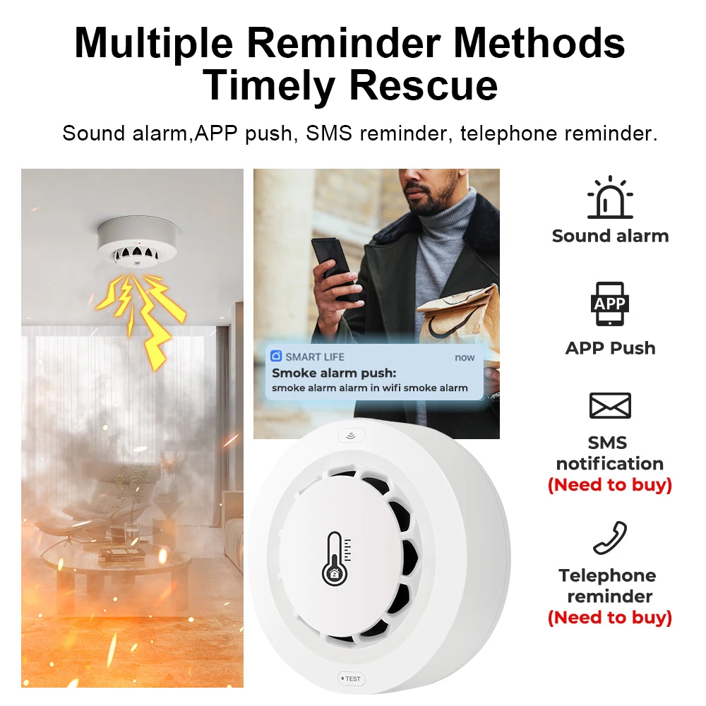 Tuya WiFi or Zigbee Smoke Detector with Temperature Humidity Detect 3 In 1 Support 80dB Sound Alarm Remote Push Alert Function