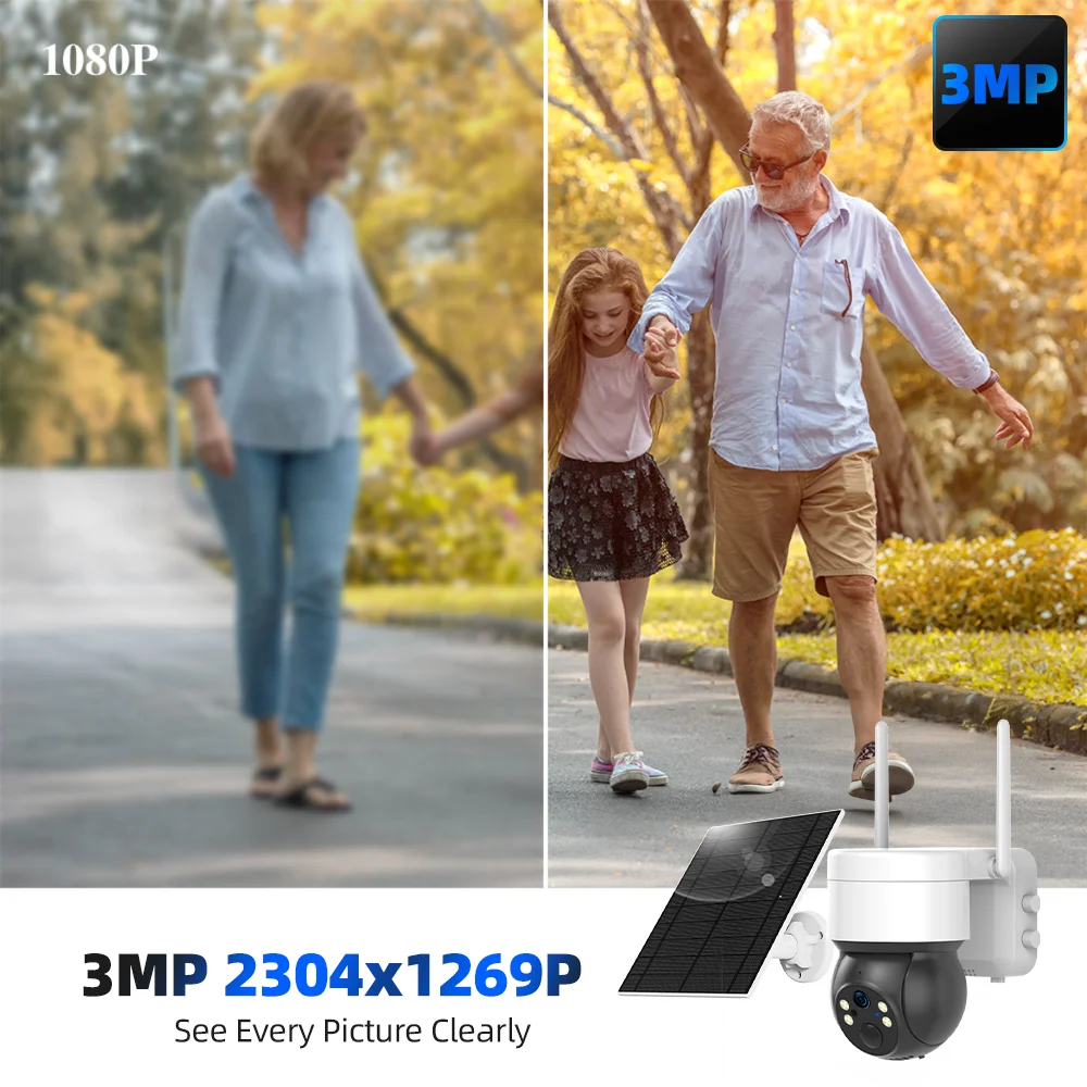 Tuya Smart Life APP 3MP WiFi Battery Solar Auto Motion Tracking PIR Surveillance Security Outdoor PTZ Color Night Vision Camera