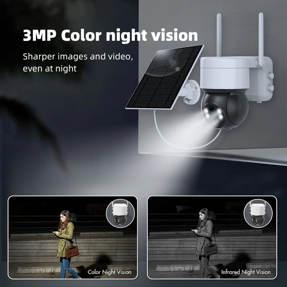 Tuya Smart Life APP 3MP WiFi Battery Solar Auto Motion Tracking PIR Surveillance Security Outdoor PTZ Color Night Vision Camera