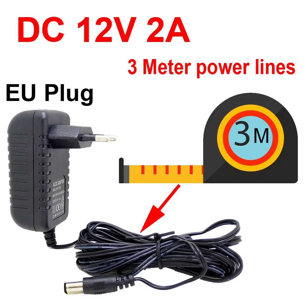 EU Plug Power Adapter 3 Meters Extension Cord Input AC100-240V Output DC 12V 2A For Security CCTV Camera LED 2.1mm*5.5mm