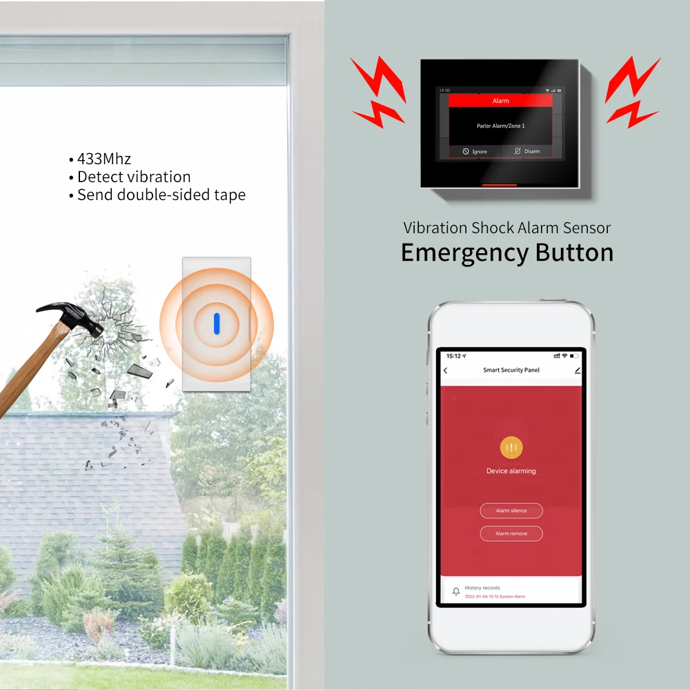 Staniot 433MHz EV1527 Wireless Vibration Glass Break Sensor Indoor High Sensitive Door Window for Home Security Burglar Alarm