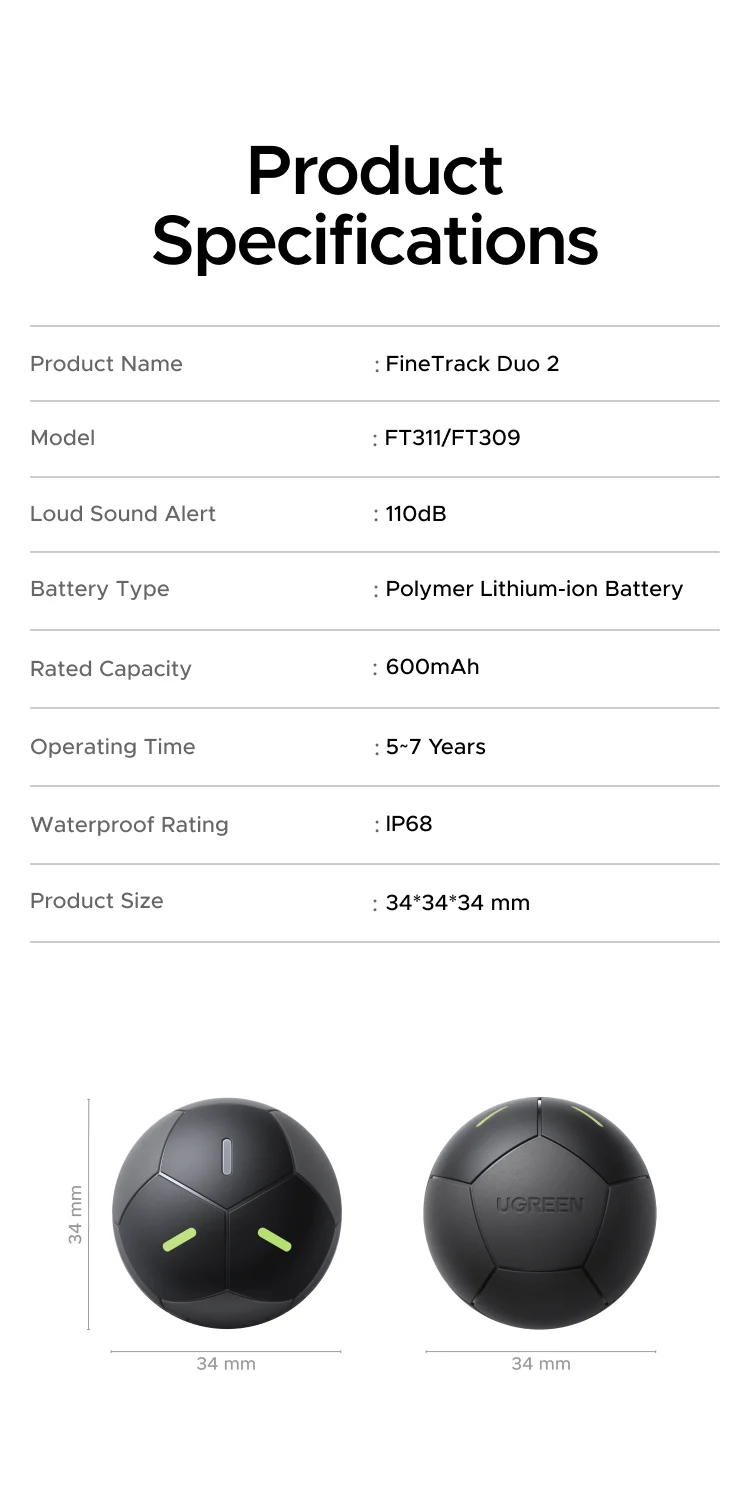 UGREEN FineTrack Mini Duo 2‑in‑1 Tracker, Smart Bluetooth Item Locator Tag For Apple Find My (iOS) & Find Hub App (Android)