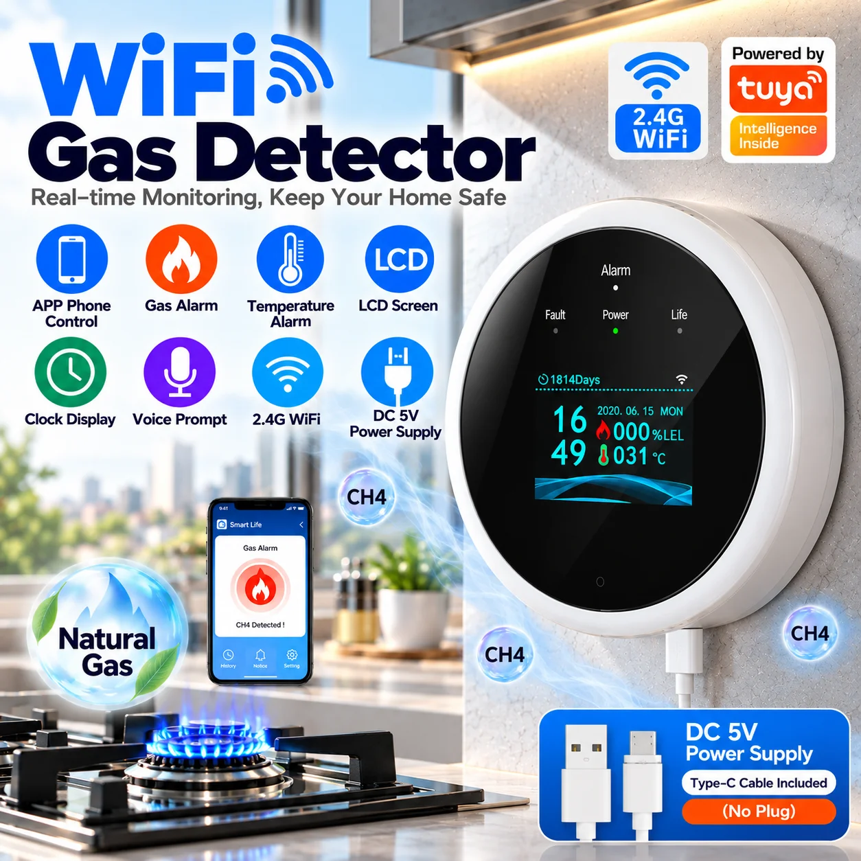 2.4G WiFi Gas Alarm Sensor Combustible Gas Detector Works With Tuya/Smart Life APP Information Push For Home Alarm System