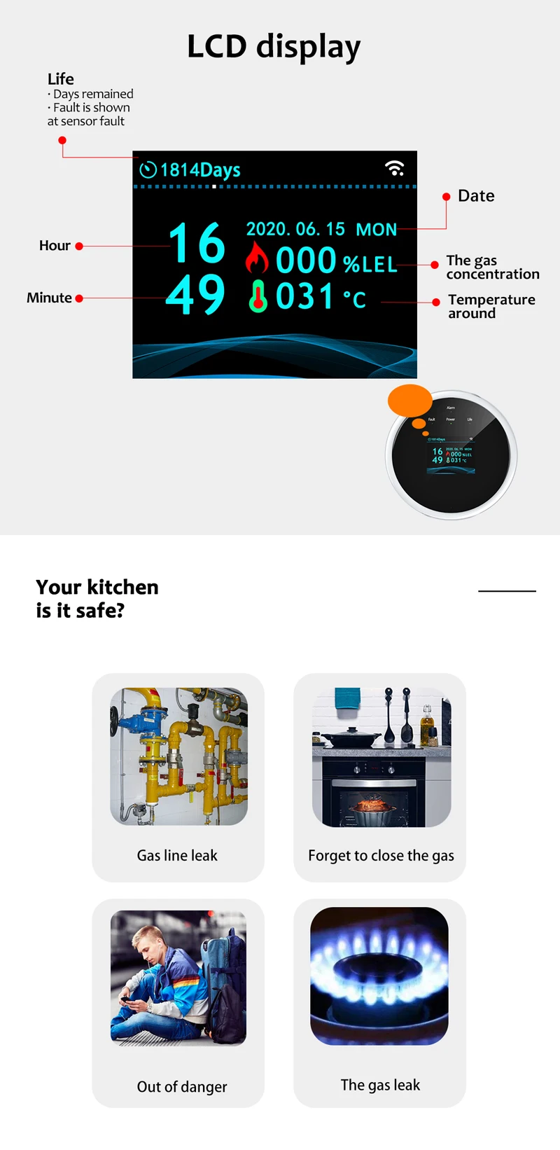 2.4G WiFi Gas Alarm Sensor Combustible Gas Detector Works With Tuya/Smart Life APP Information Push For Home Alarm System