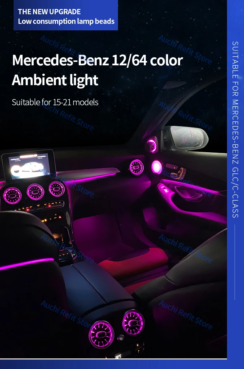 Ambient Light 3/12/64 Colours For Mercedes-Benz C/GLC Class Coupe W205 C43 C63 X253 LED Vents Speaker Decorative Light Retrofit
