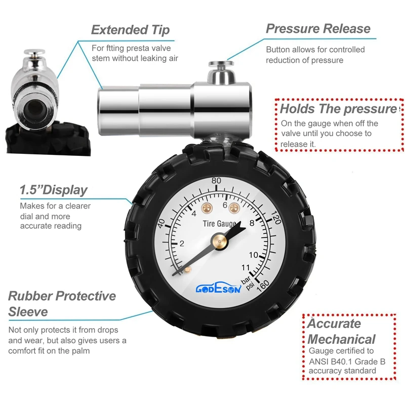 Bicycle Tire Pressure Gauge 160PSI Mechanical Pointer Tire Pressure Gauge For Mountain Racing Bikes Mtb Bike Road Bike Tools