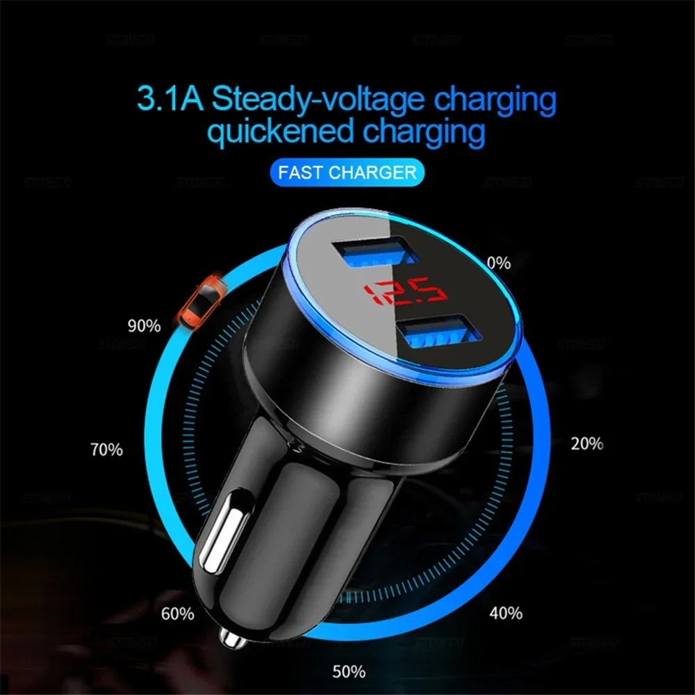 3.1A Dual USB Car Charger - 2 Port LCD Voltmeter, 12-24V Cigarette Lighter Socket, Universal Car Charger Adapter