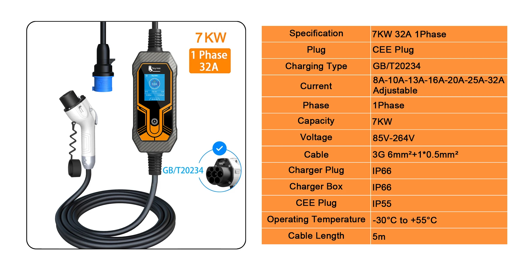 Feyree Portable EV Charger GB/T Cord 7KW 32A 1Phase 5m Cable EVSE Wallbox Charging Box Charging Station for Electric Vehicle Car