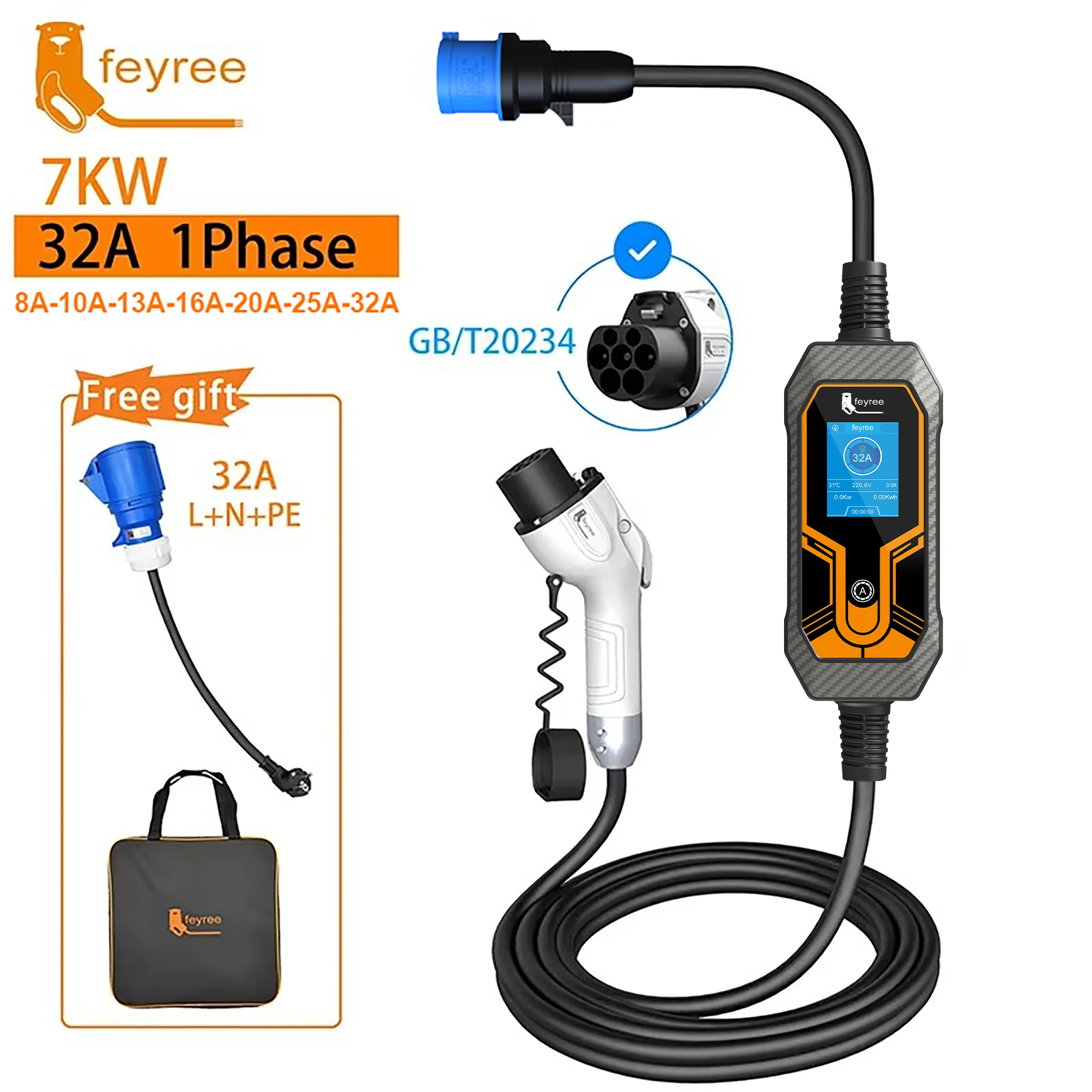 Feyree Portable EV Charger GB/T Cord 7KW 32A 1Phase 5m Cable EVSE Wallbox Charging Box Charging Station for Electric Vehicle Car