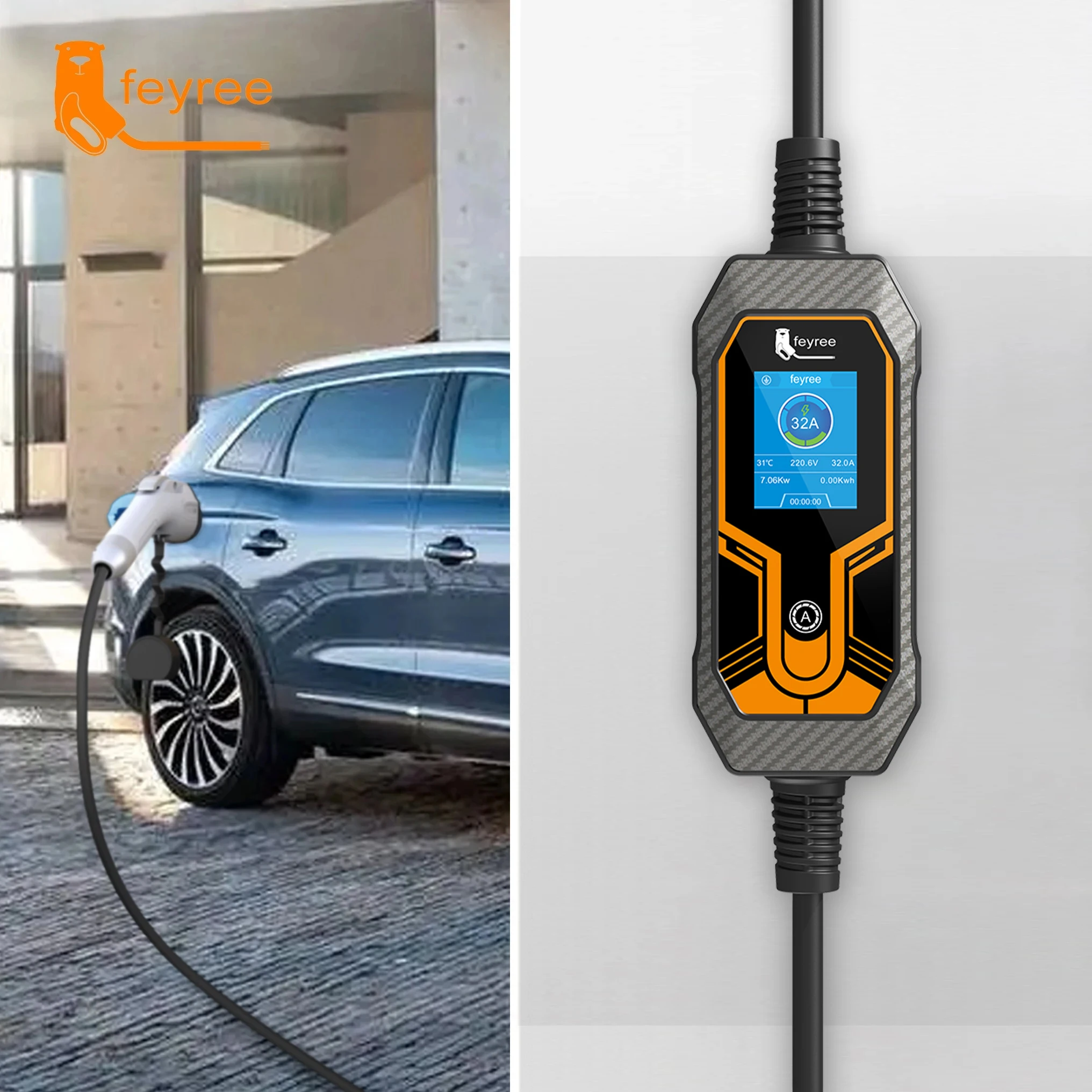 Feyree Portable EV Charger GB/T Cord 7KW 32A 1Phase 5m Cable EVSE Wallbox Charging Box Charging Station for Electric Vehicle Car