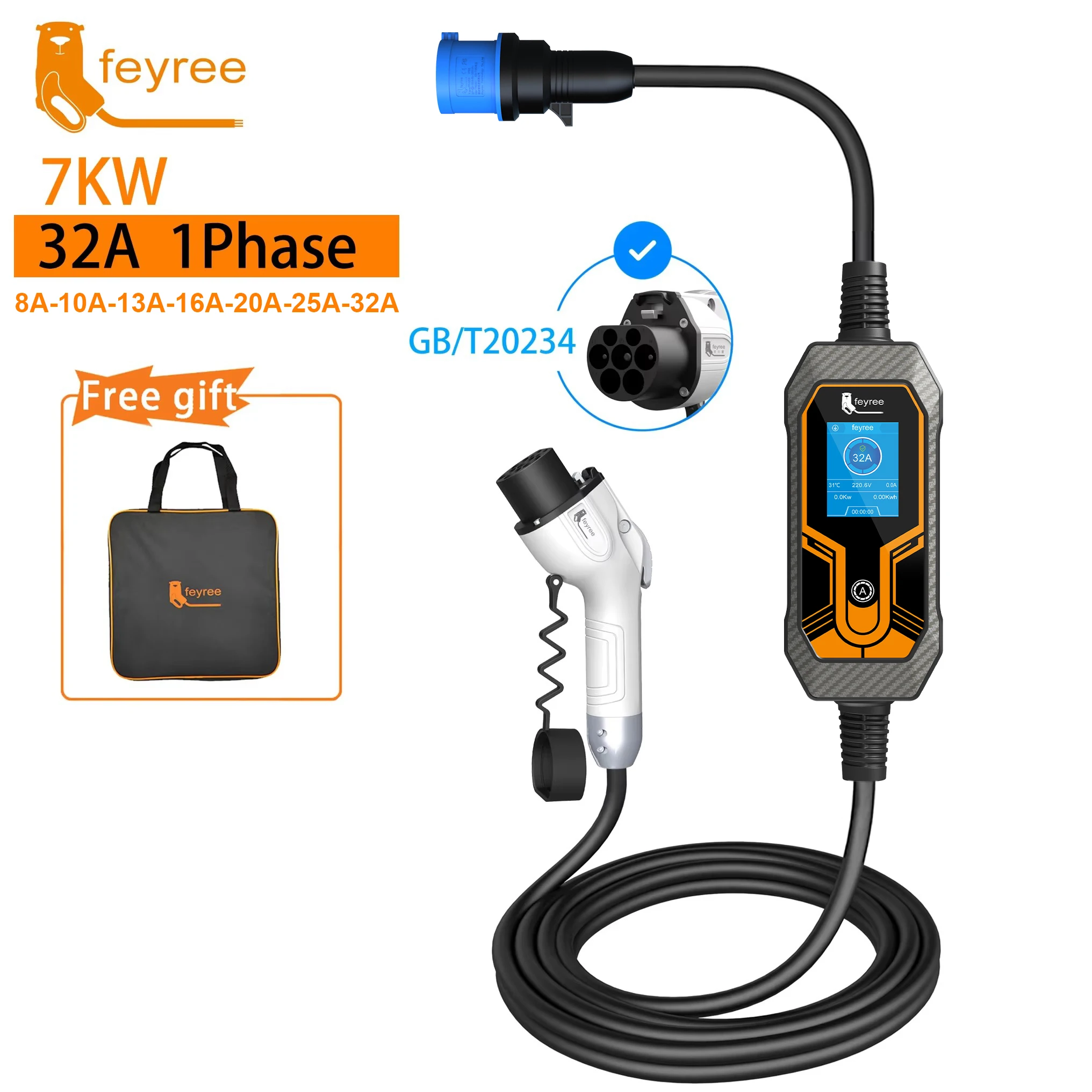Feyree Portable EV Charger GB/T Cord 7KW 32A 1Phase 5m Cable EVSE Wallbox Charging Box Charging Station for Electric Vehicle Car