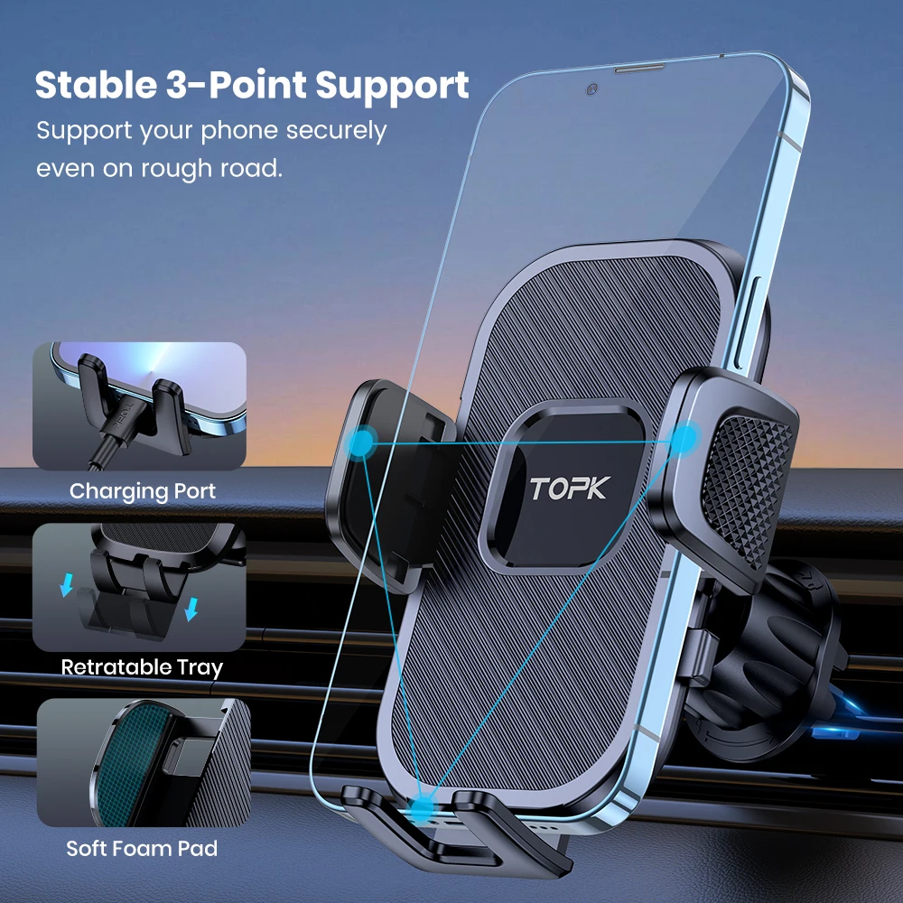 TOPK Metal Hook Car Phone Holder Air Vent Mount Stand for All Smartphones Upgraded Automobile Cell Phone Holder