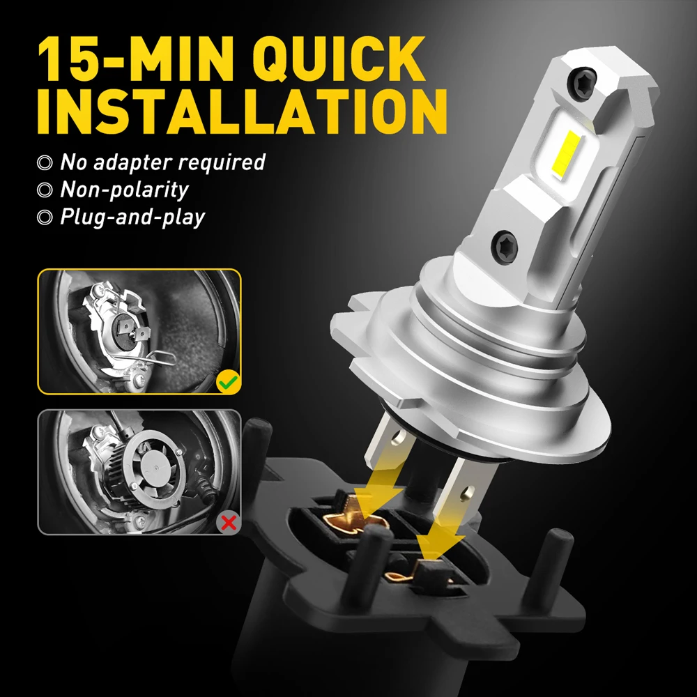 AUXITO 2x Fanless H7 LED Lights 1:1 Mini Size Head Lamp Wireless 12000LM CSP LED Chips H7 Car LED Headlight Bulb 6500K White 12V