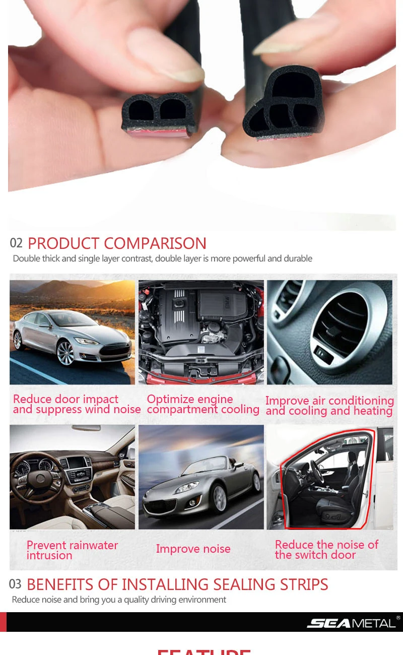 SEAMETAL Car Door Seal Strip Rubber Double Layer Sealing Protector Soundproof Waterproof Weather Strips for Car Door Hood Trunk
