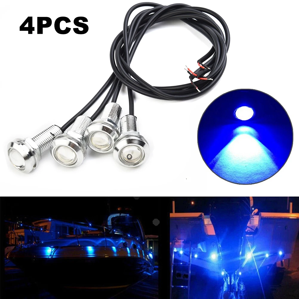 4Pcs Marine Boat LED Light Blue Stern Light Round LED Tail Lamp Silver Waterproof Underwater Runner Side Marker Lights