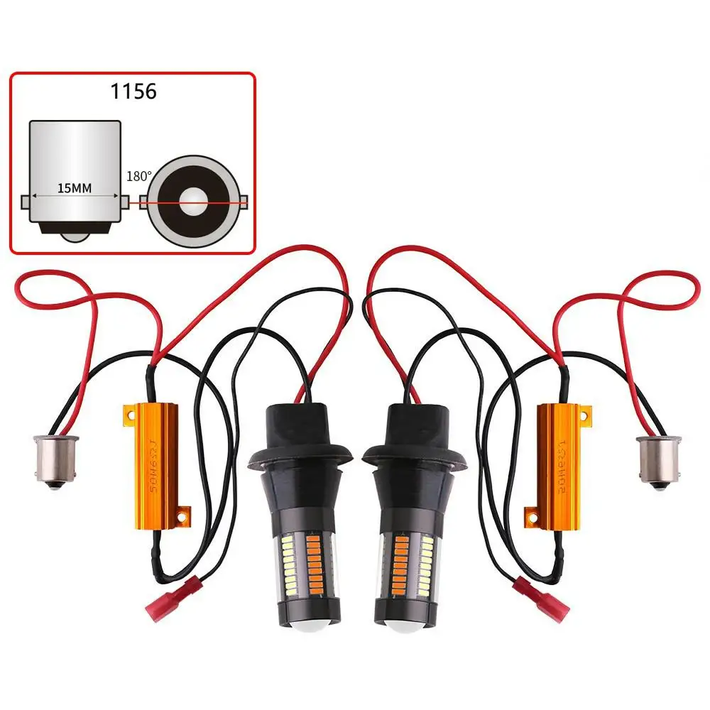 2PCS Dual Color 1156 BA15S BAU15S P21W PY21W T20 7440 LED Bulbs Canbus DRL Turn Signal Lights 4014 66 SMD White Amber Error Free