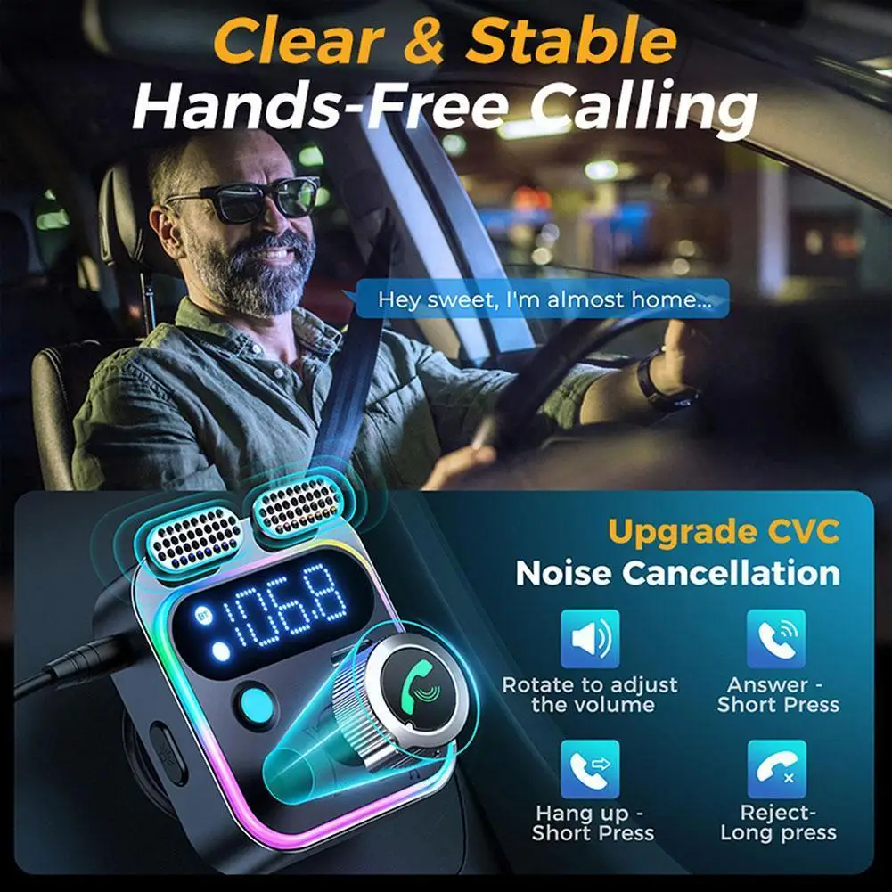 LED Bluetooth 5.0 FM Transmitter With Strong Dual Mics And Deep Bass Sound For Car 48W PD&QC3.0 Car Charger Adapter