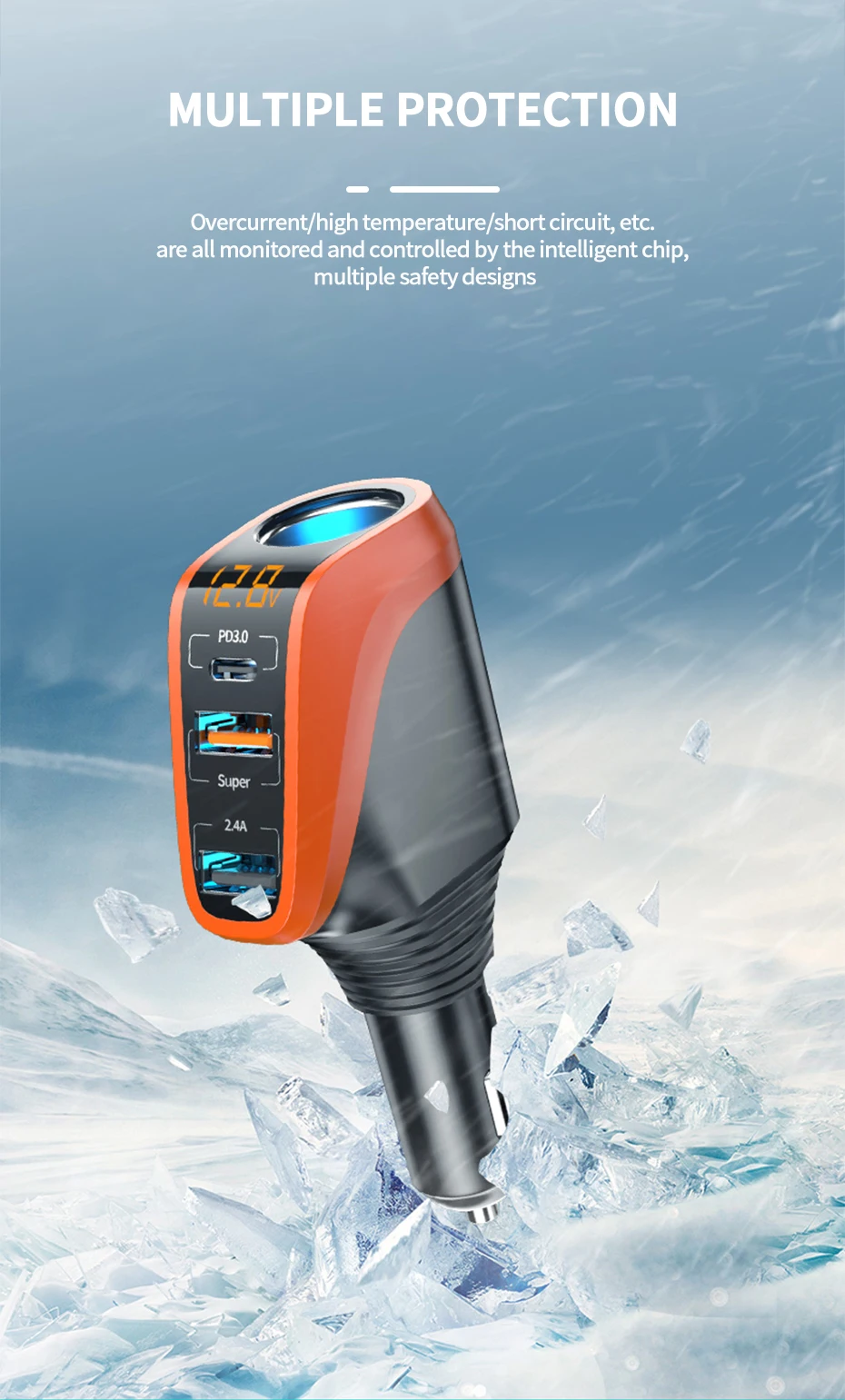 SEAMETAL 66W Car Charger PD20W QC3.0 Port USB Type Fast Charging Phone Charger 12V/24V Universal Cigarette Lighter Power Adapter