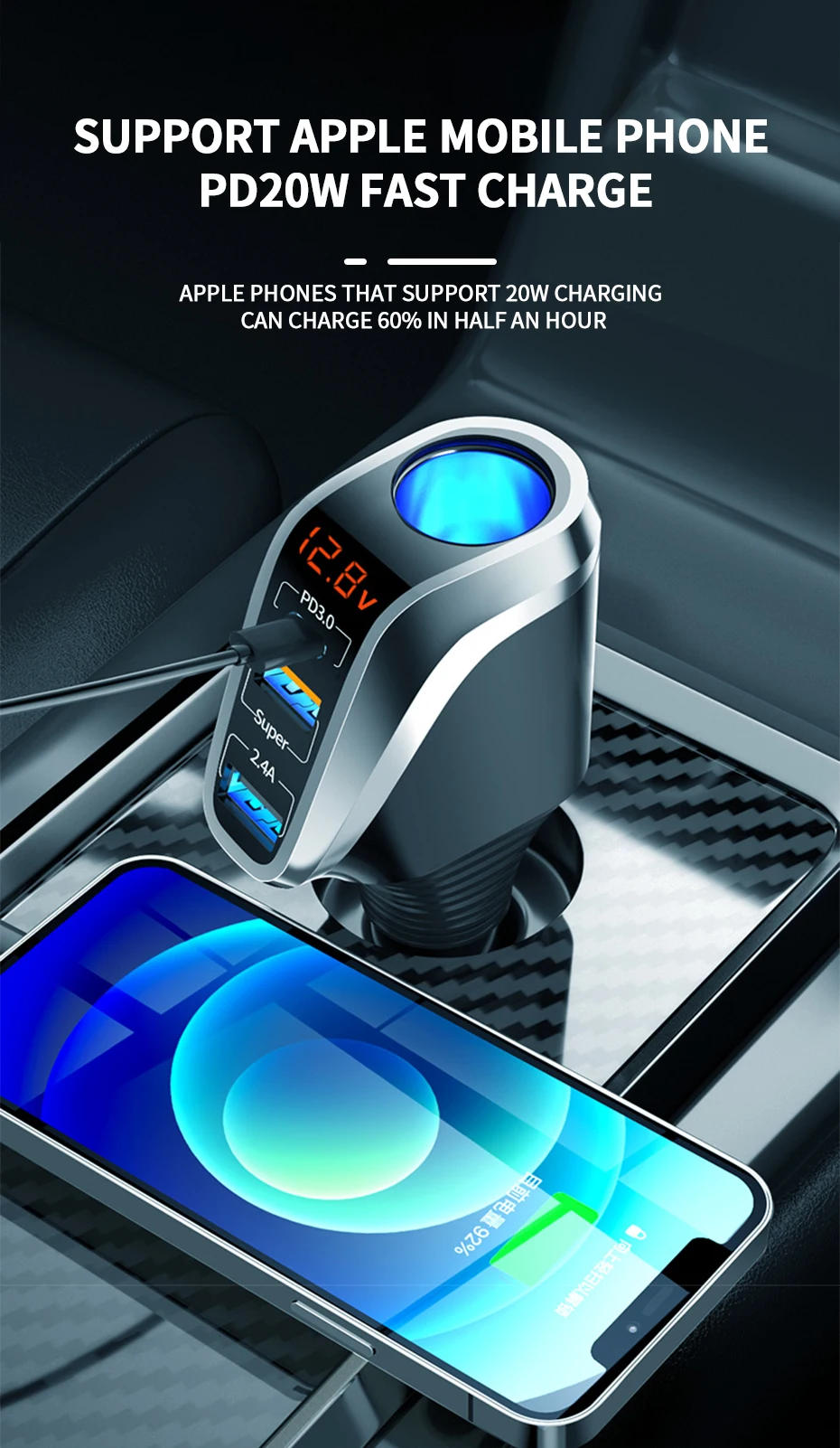 SEAMETAL 66W Car Charger PD20W QC3.0 Port USB Type Fast Charging Phone Charger 12V/24V Universal Cigarette Lighter Power Adapter