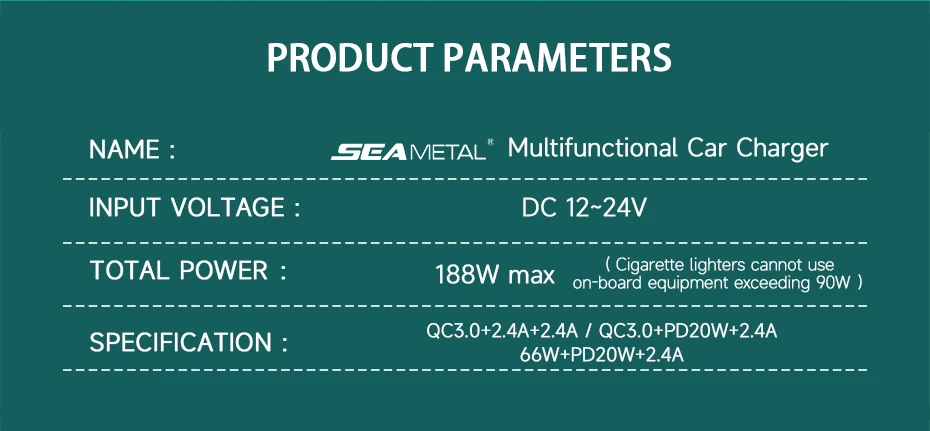 SEAMETAL 66W Car Charger PD20W QC3.0 Port USB Type Fast Charging Phone Charger 12V/24V Universal Cigarette Lighter Power Adapter