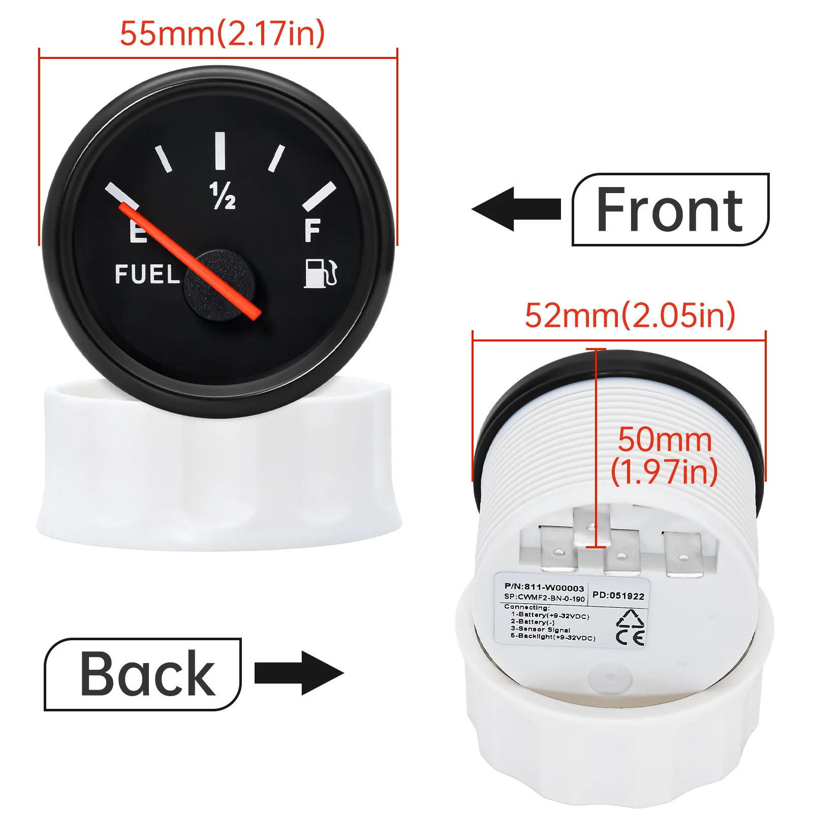 100-500mm Stainless Steel Marine Fuel Level Gauge Sensor Fit Boat Car Fuel Level Gauge Meter 0-190ohm with Red Backlight 9-32V