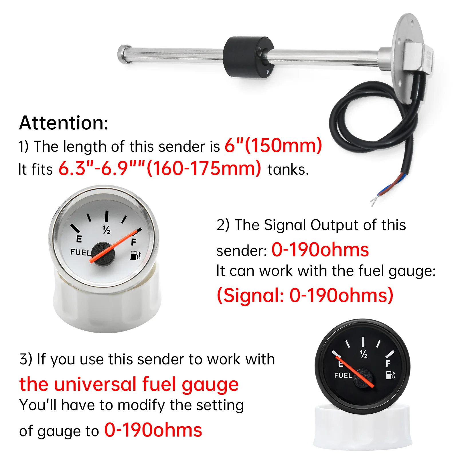 100-500mm Stainless Steel Marine Fuel Level Gauge Sensor Fit Boat Car Fuel Level Gauge Meter 0-190ohm with Red Backlight 9-32V
