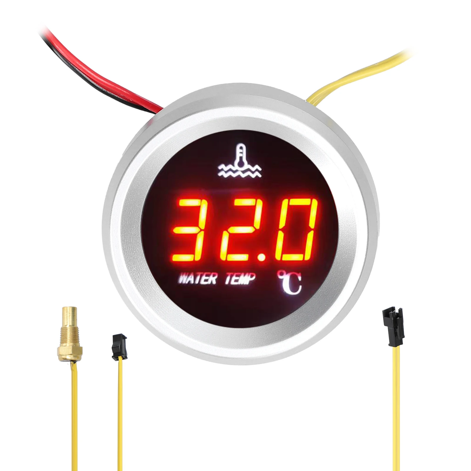 52mm Water Temperature Gauge Car Digital Meter LED Display 9-36V with Temperature Sensor Alarm Function