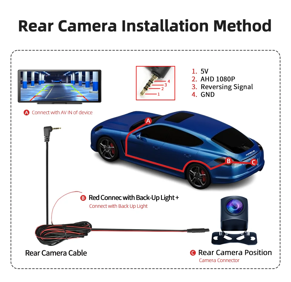 Imagebon 6m/10m AHD 1080P Backup Rear Camera 4 Pin 2.5mm Automatic Reversing Rearview Mirror Cam Car DVR