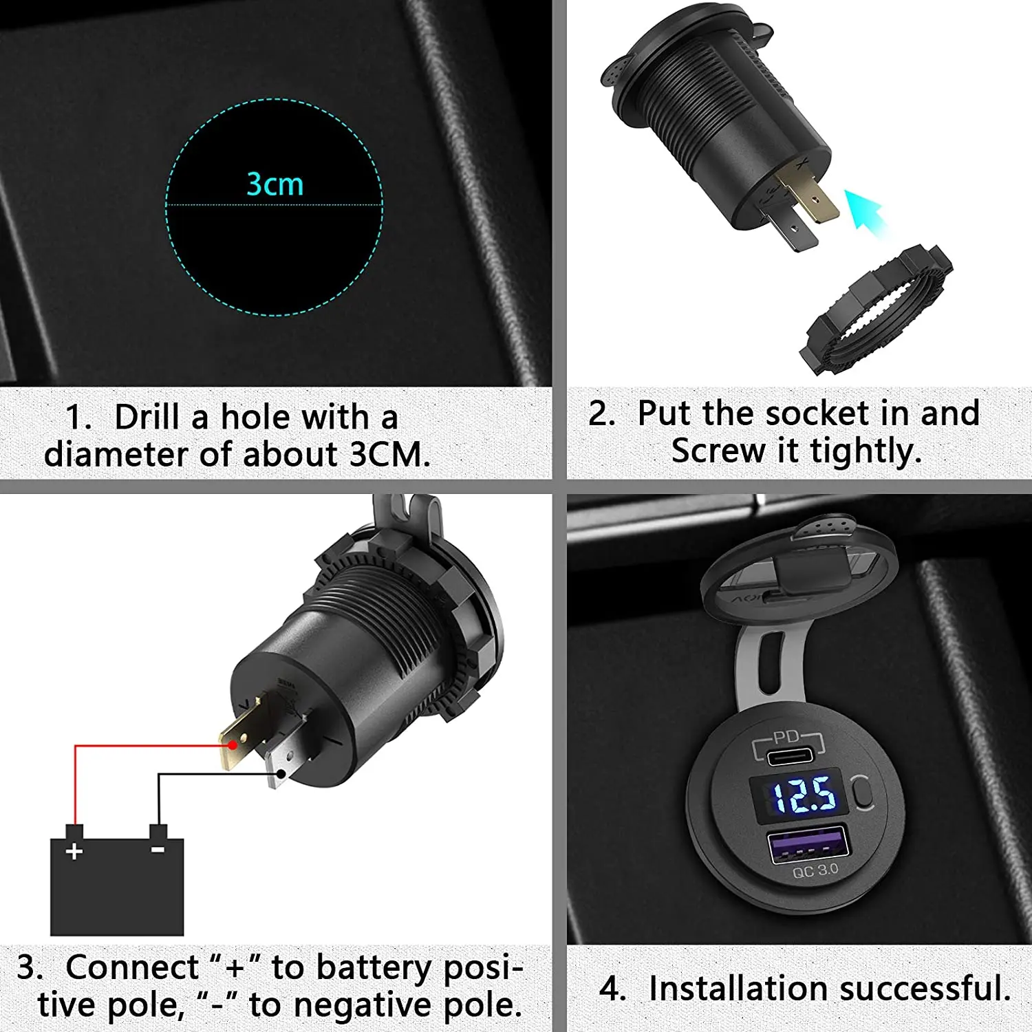USB C Car Charger Socket 12V/24V Dual USB Socket PD3.0 and QC3.0 Car USB Port With LED Voltmeter and On/Off Switch