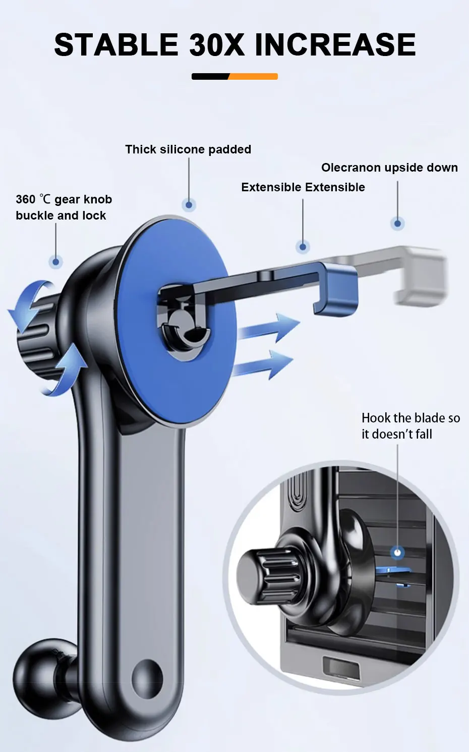 SEAMETAL Gravity Car Phone Holder Air Vent Telescopic Car Phone Mount 360-Degree Air Outlet Smartphone Support for 4.7-7 inch