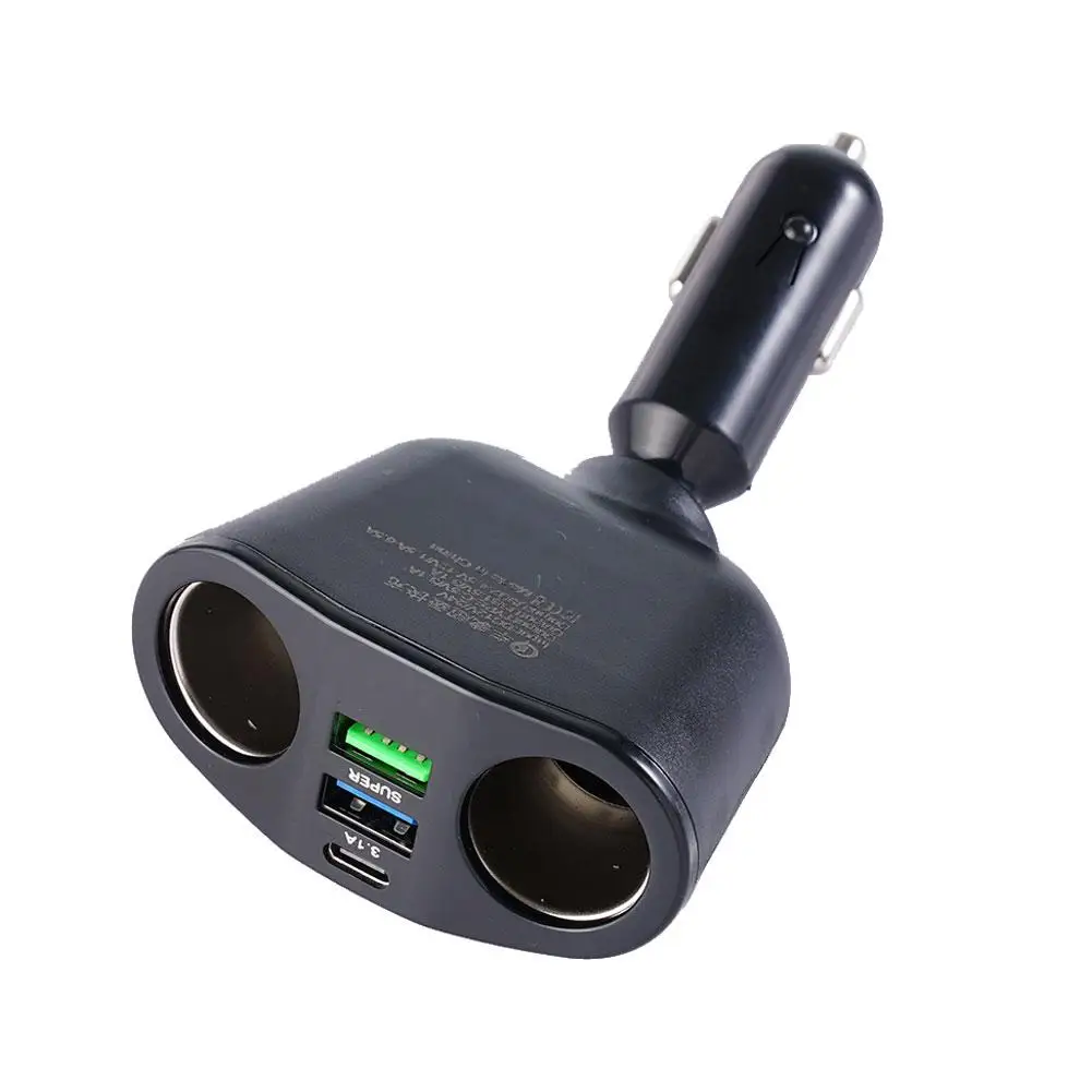 Car Cigarette Lighter 12V-24V Socket Splitter Blue Atmosphere Light PD QC3.0 2 USB Charger C Ports For Mobile Phone DVR Cha H4P2