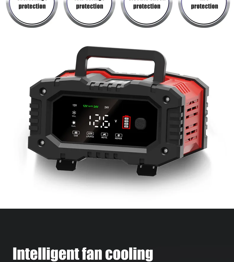 20A/10A Car Motorcycle Battery Charger 12V/24V Smart Charger Lithium AGM GEL Lead-Acid LiFePO4 Battery Chargers