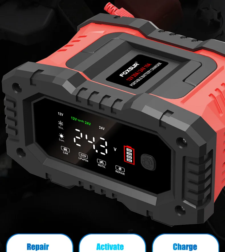 20A/10A Car Motorcycle Battery Charger 12V/24V Smart Charger Lithium AGM GEL Lead-Acid LiFePO4 Battery Chargers