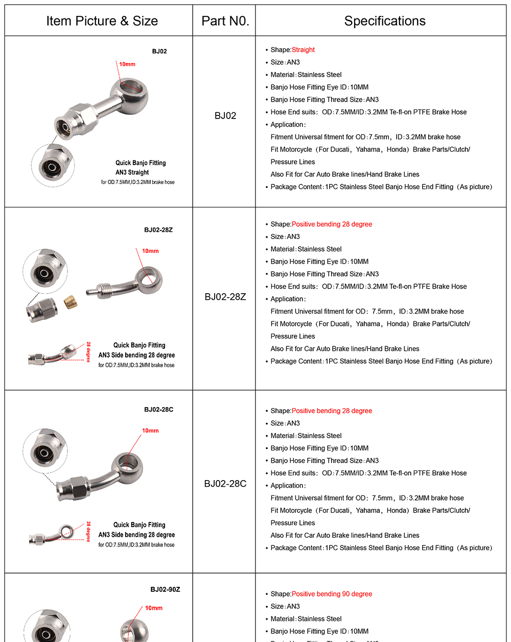 AN3 Motorcycle Motor Bike Hydraulic Brake Oil Hose Line Banjo Fitting m10x1 stainless Steel 10mm New