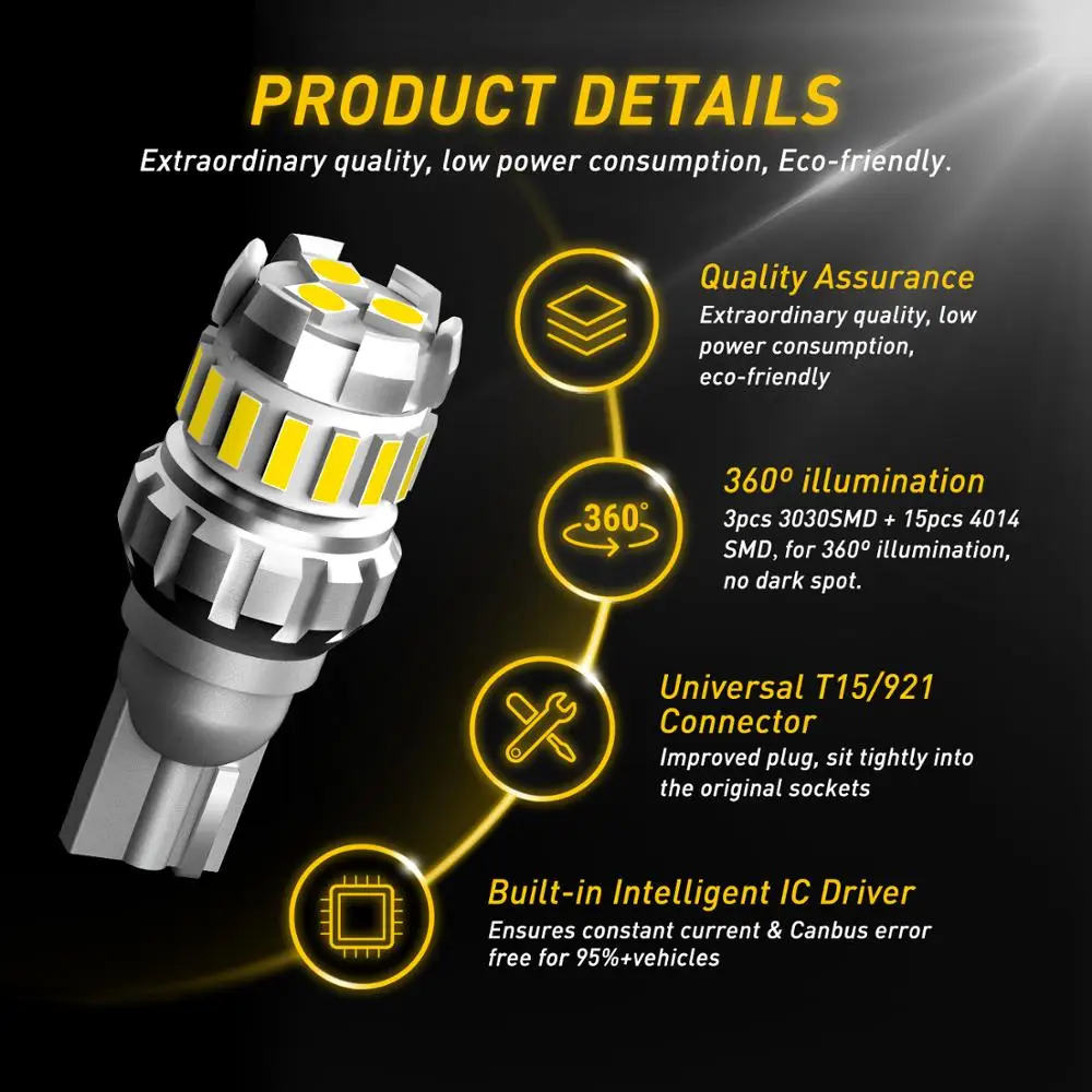 AUXITO 2pcs W16W T15 LED Bulbs Canbus Error Free LED Backup Light T16 921 912 W16W LED Bulbs Car Reverse Lamp 6500K White 12V