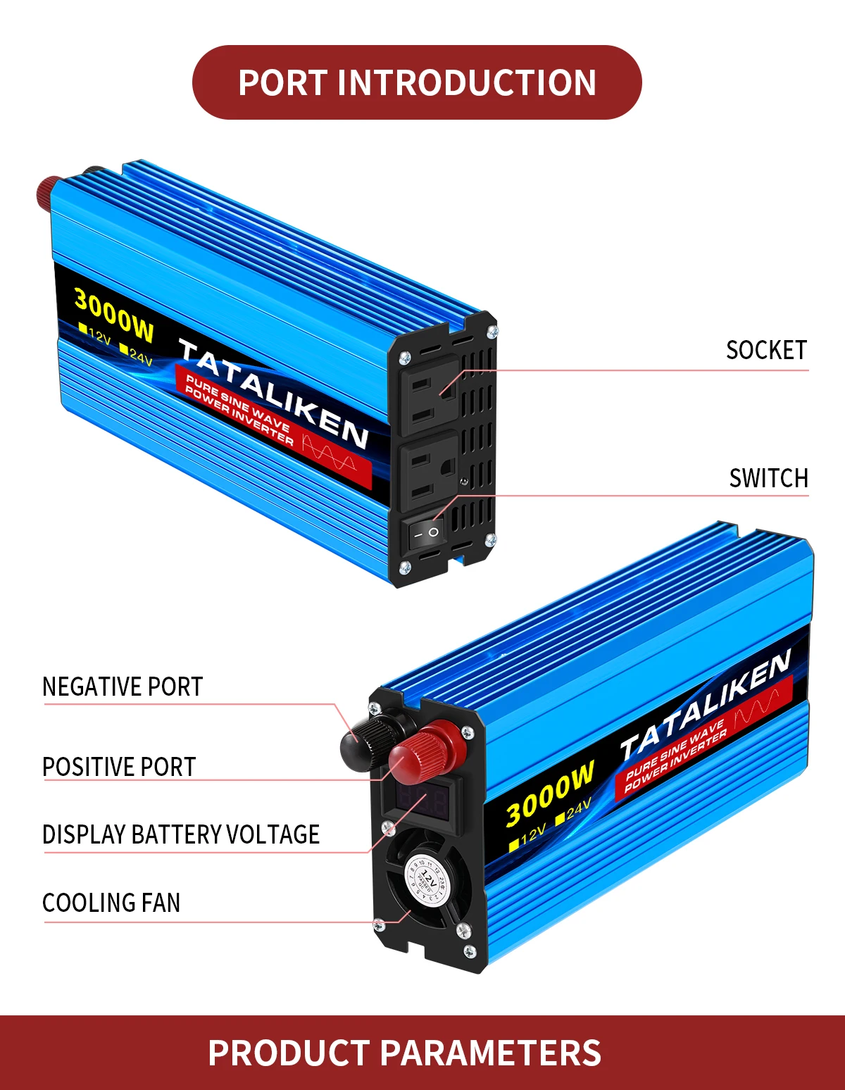 Pure Sine Wave Inverter 1000W-4000W DC 12V/24V to AC 110V 60hz Power Inverter Charger Converter Adapter US Socket
