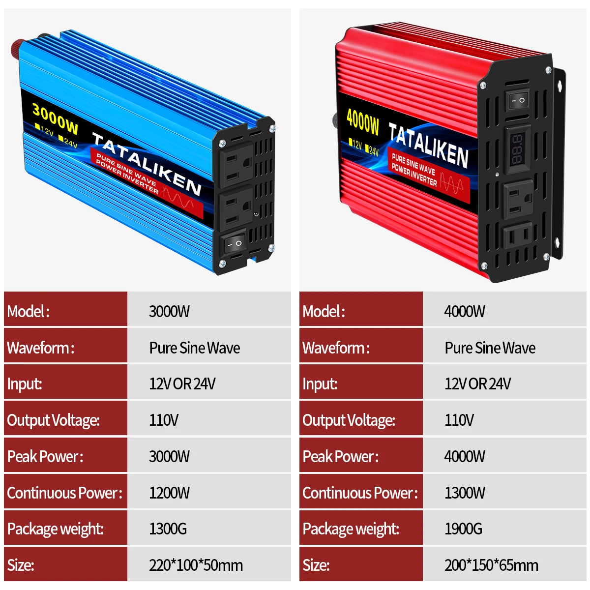 Pure Sine Wave Inverter 1000W-4000W DC 12V/24V to AC 110V 60hz Power Inverter Charger Converter Adapter US Socket