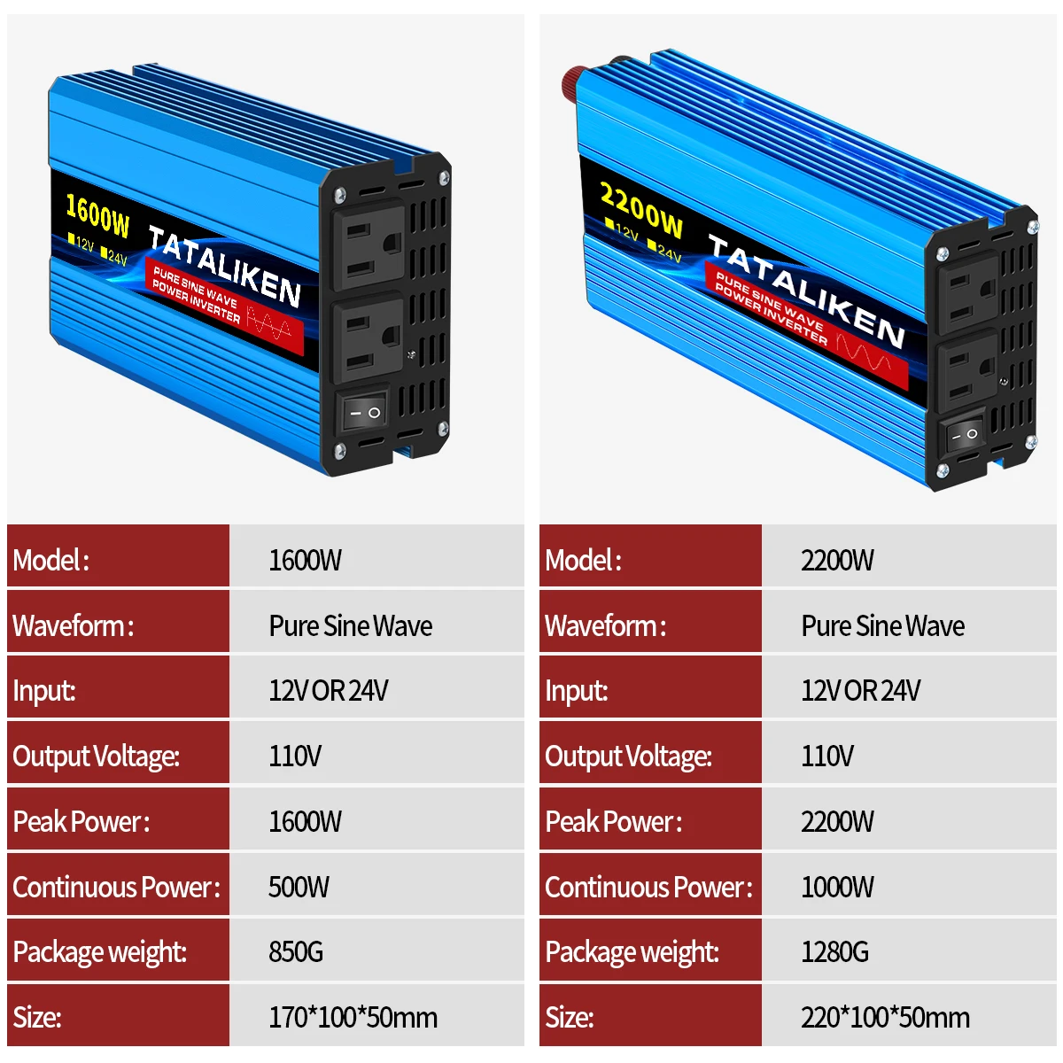 Pure Sine Wave Inverter 1000W-4000W DC 12V/24V to AC 110V 60hz Power Inverter Charger Converter Adapter US Socket