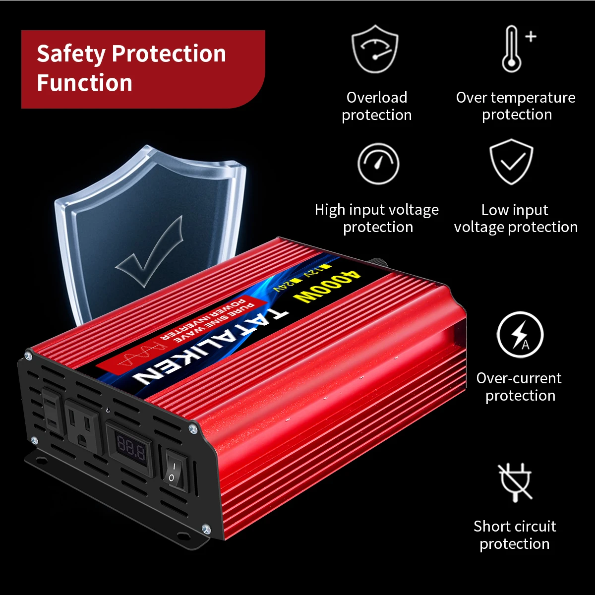 Pure Sine Wave Inverter 1000W-4000W DC 12V/24V to AC 110V 60hz Power Inverter Charger Converter Adapter US Socket