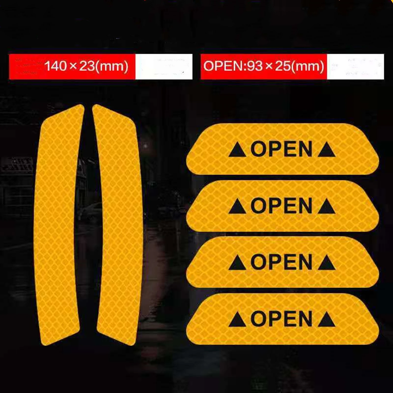 6PCS Car Door Warning Decal Sticker OPEN Reflective Yellow Anti-collision Cover Trim