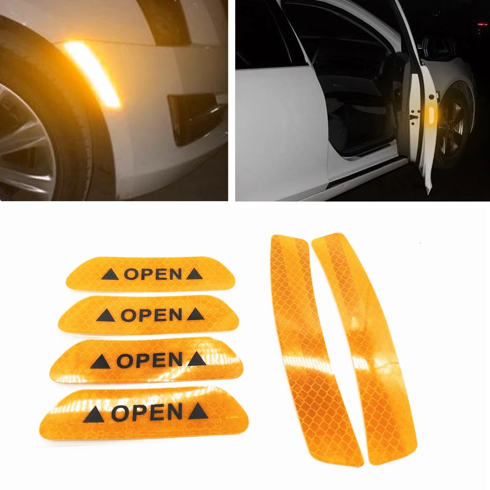 6PCS Car Door Warning Decal Sticker OPEN Reflective Yellow Anti-collision Cover Trim